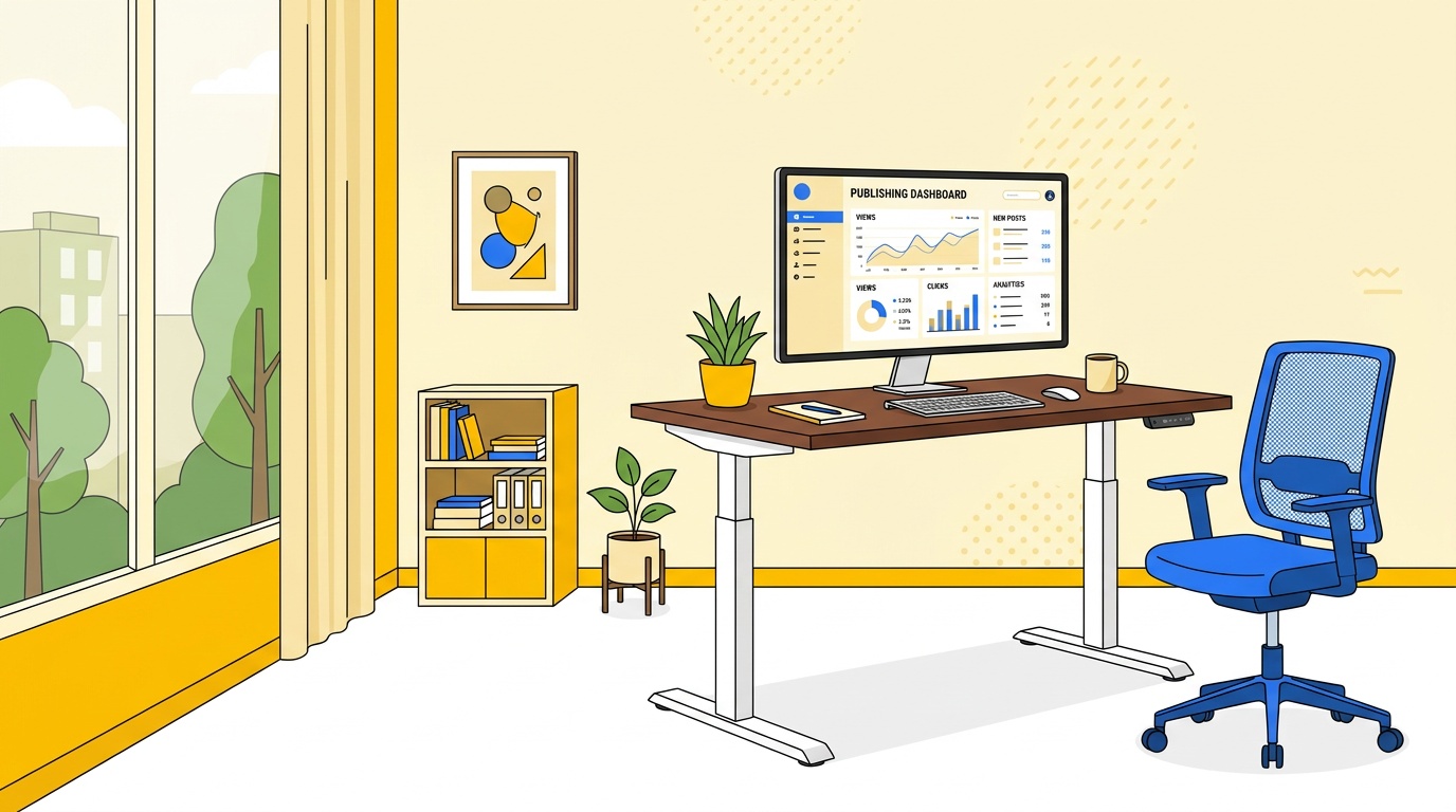 Wide office room with monitor showing publishing dashboard Wide office room with monitor showing publishing dashboard