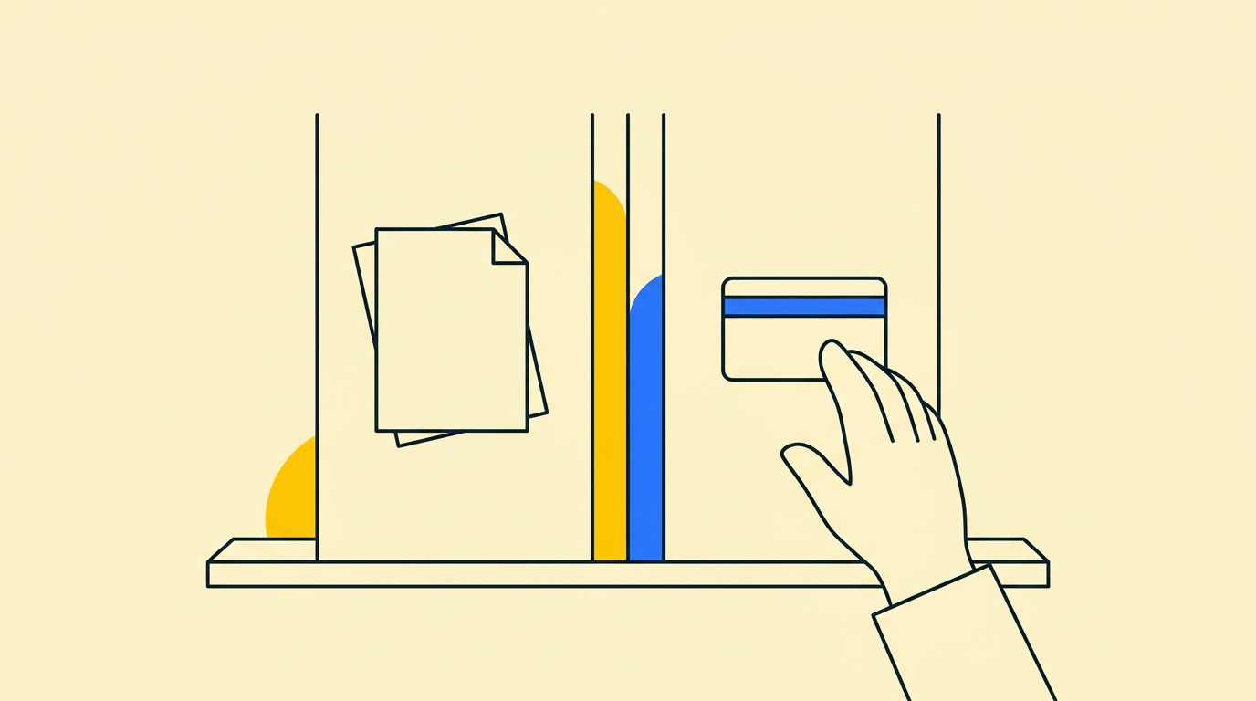 Hand choosing between paper brief and subscription card